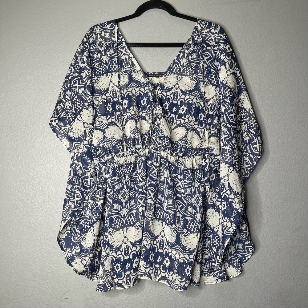 Pure Sugar Blue Printed Lace Up Neckline Dolman Blouse Top